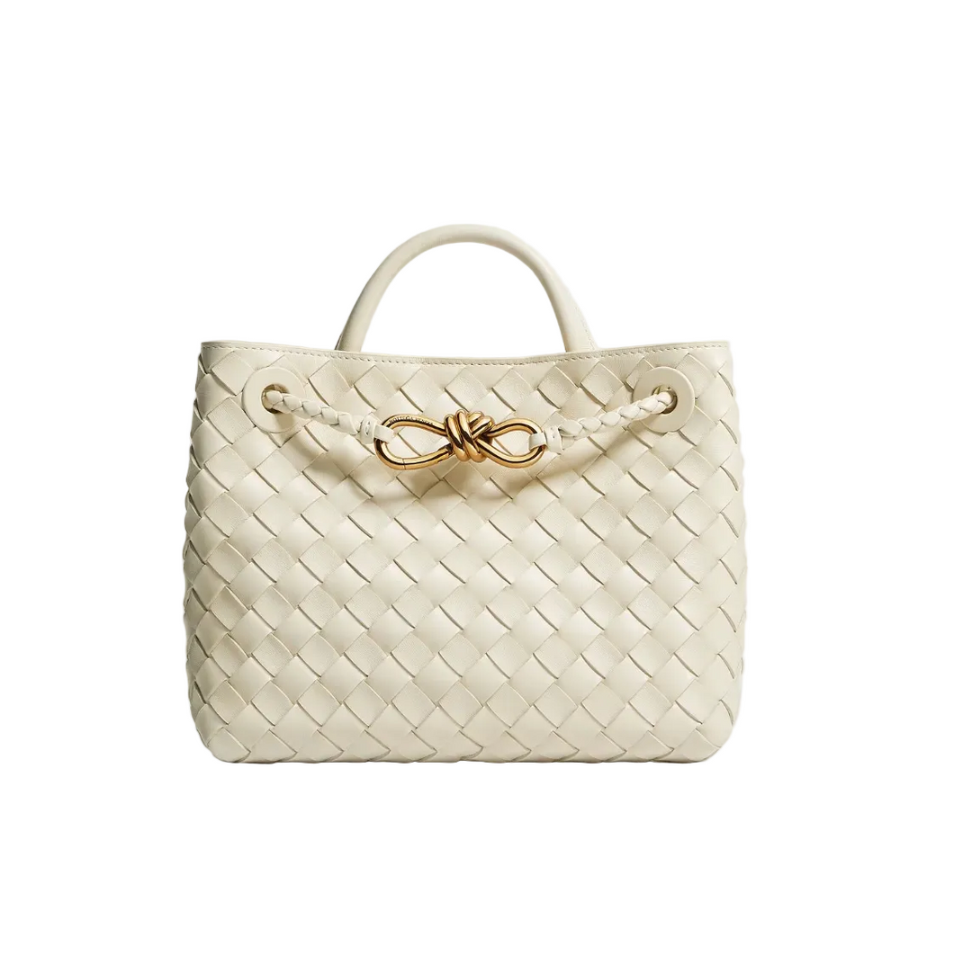 Bottega Veneta Andiamo Small Top Handle Bag Sea Salt Intrecciato Leather