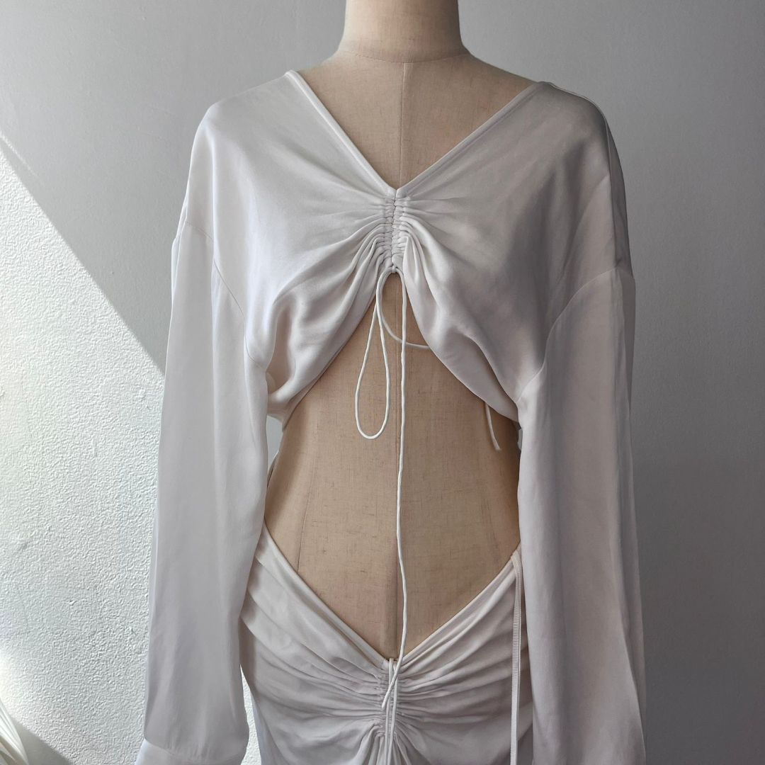 christopher esber ruched disconnect dress Christopher Esber Ruched Disconnect Shirt Dress in Rose Quartz