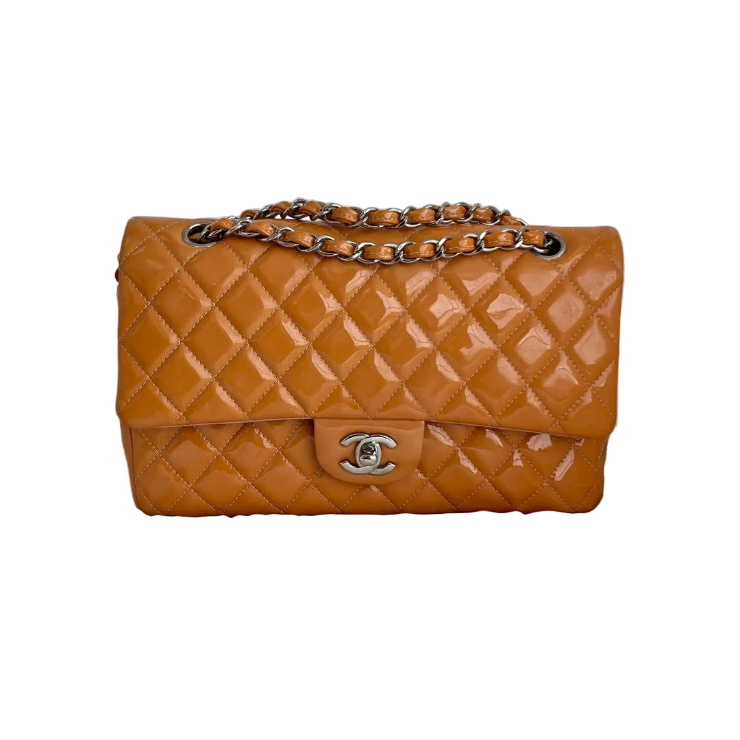 Chanel Gold/Orange Quilted Patent Leather Classic Double Flap Bag