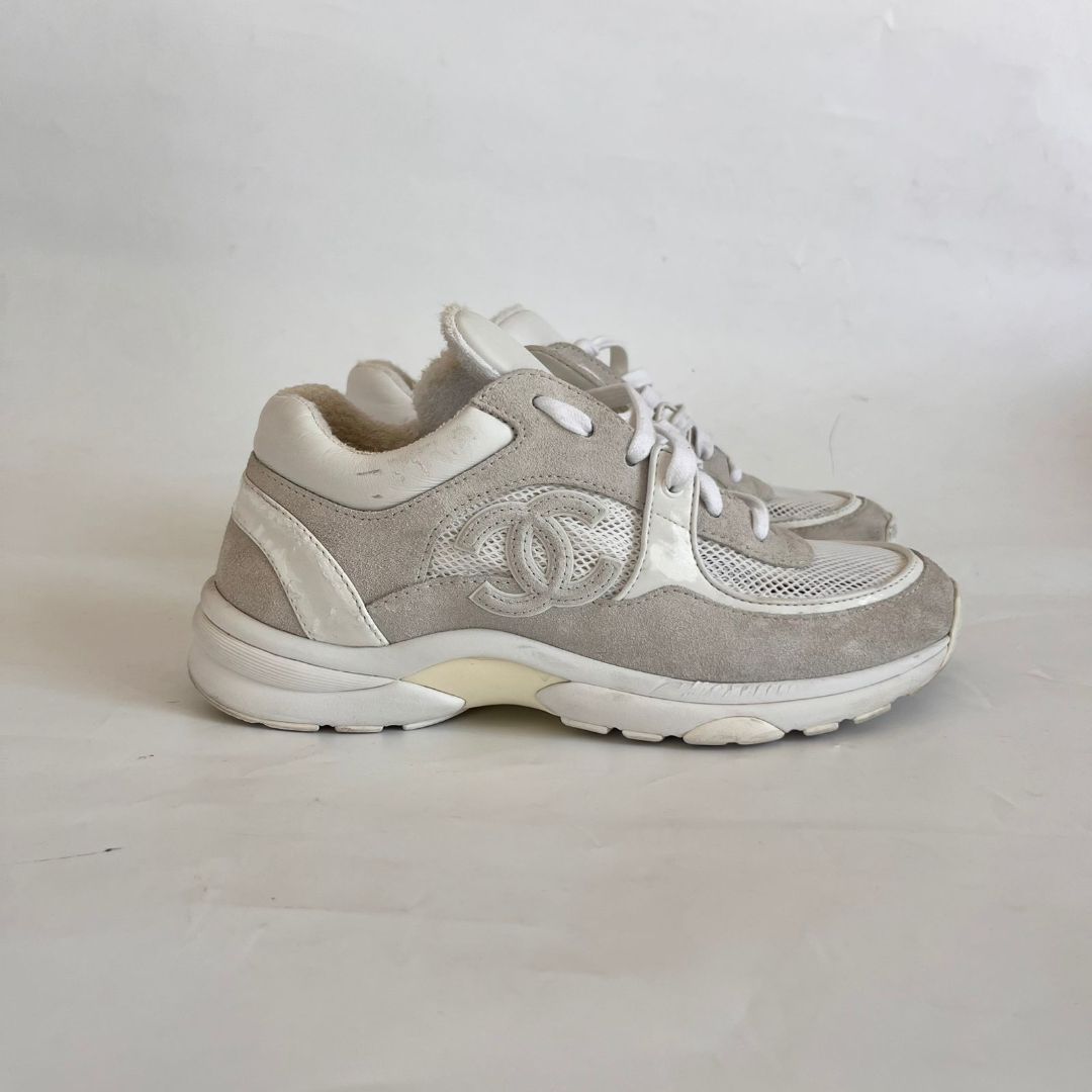 And Grey Gray Chanel Sneakers Chanel CC Logo Runner Sneaker White