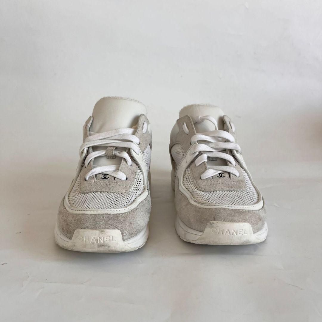Chanel Grey Suede And Leather CC Lace Up Sneakers, 38