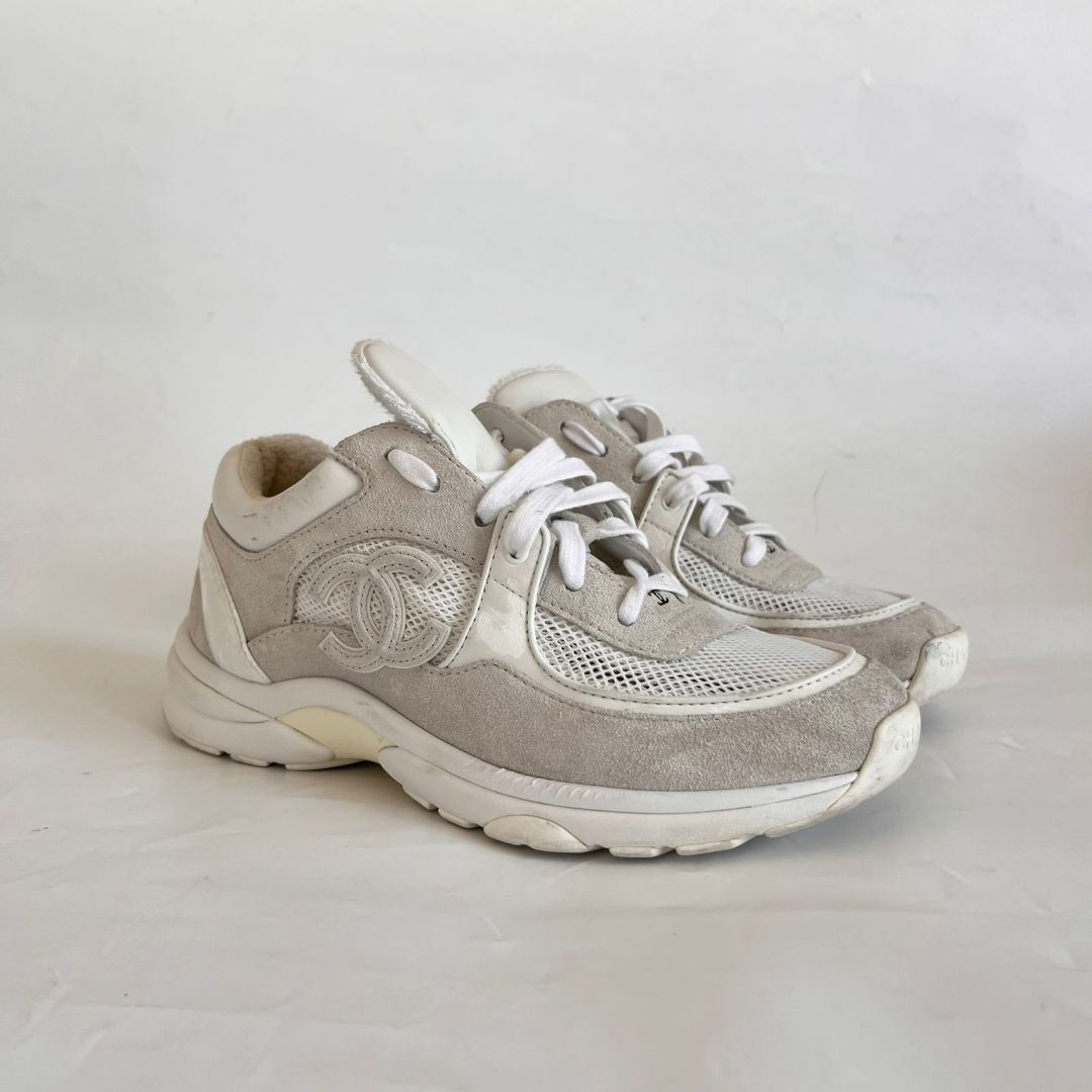 Chanel Grey Suede And Leather CC Lace Up Sneakers, 38