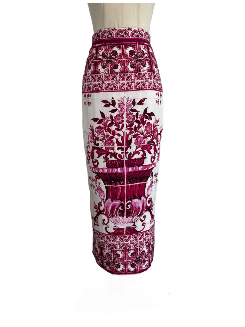 Dolce & Gabbana White/Pink Majolica Print Midi Skirt
