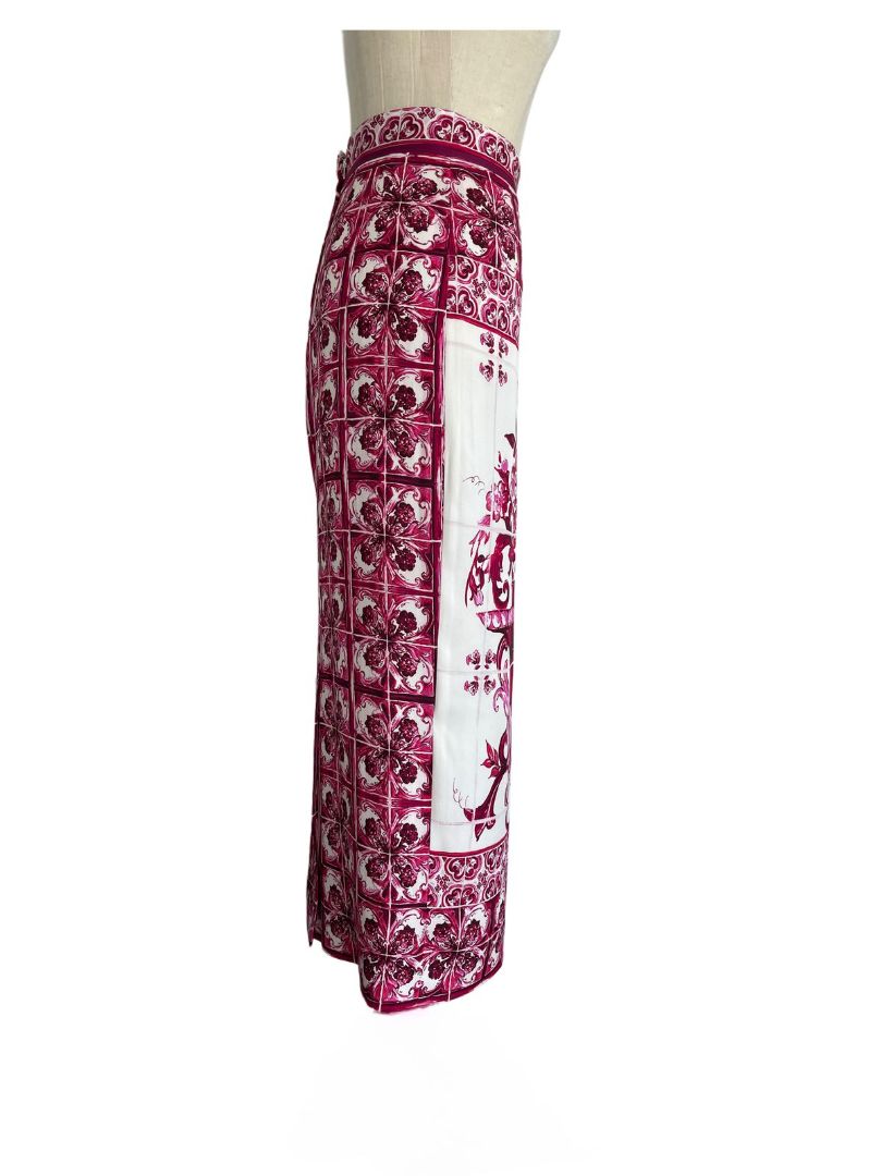 Dolce & Gabbana White/Pink Majolica Print Midi Skirt