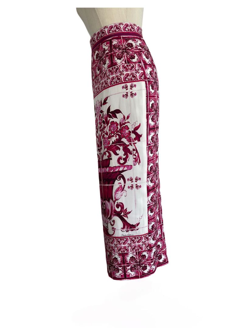 Dolce & Gabbana White/Pink Majolica Print Midi Skirt