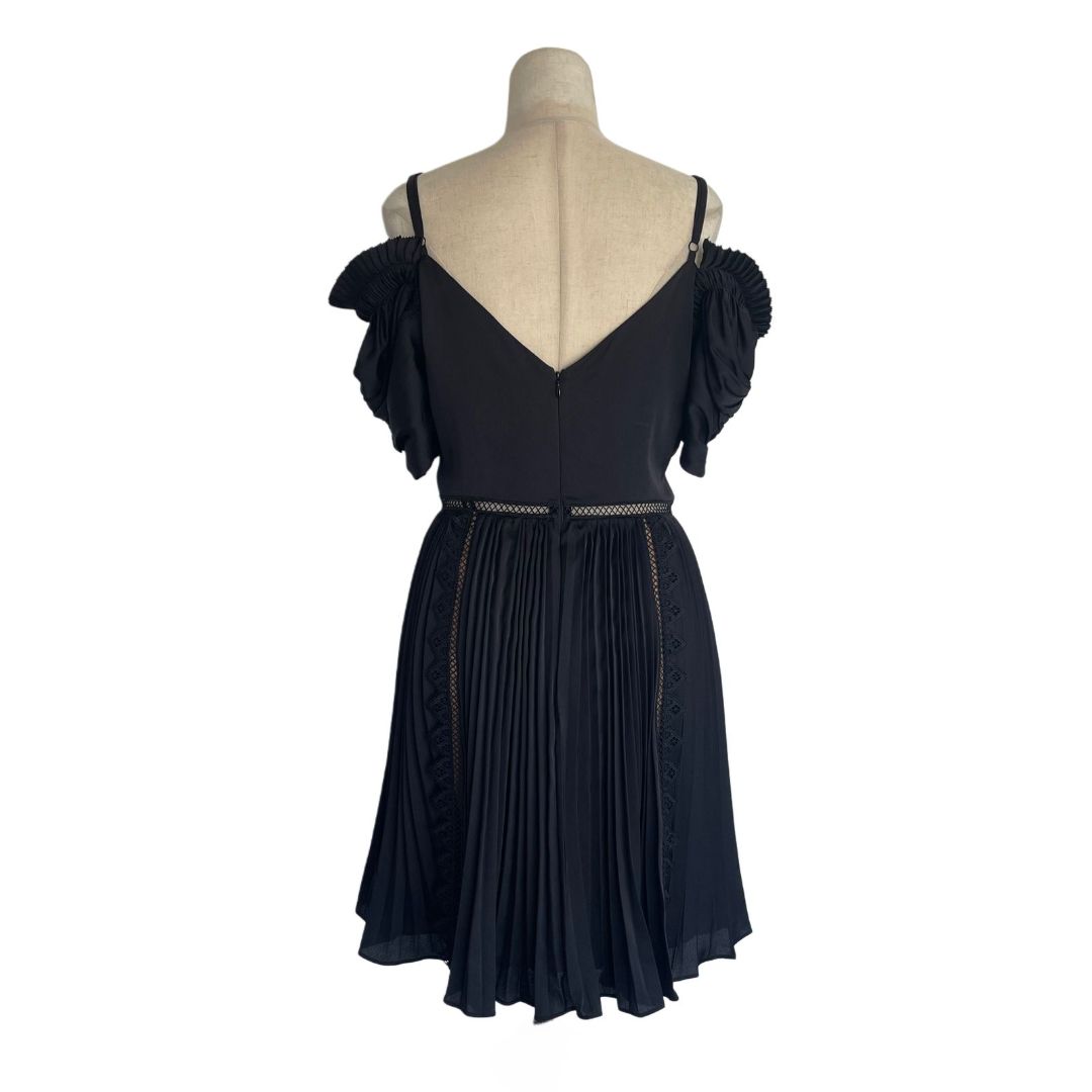 Self Portrait Black Off Shoulder Lace Pleated Mini Dress