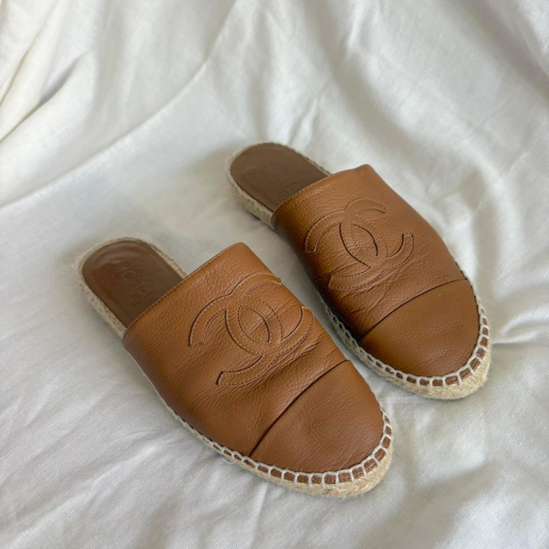 Chanel brown leather espadrille slide mule flats