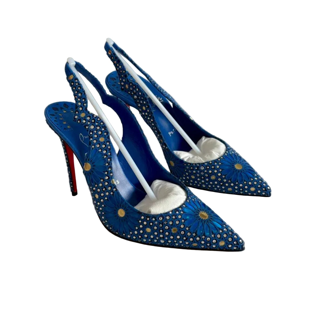Christian Louboutin Hot Chick sling 100 blue suede w/ crystals, size 38