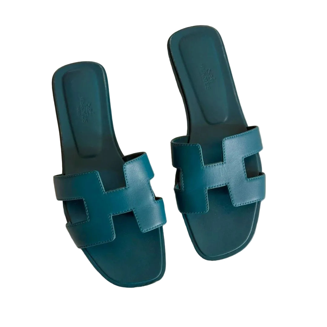 Hermes blue/green oran sandals, size 38