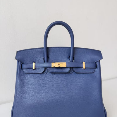 Hermès Bleu Saphir and Gris Mouette Taurillon Novillo Verso Birkin 25 Gold Hardware,