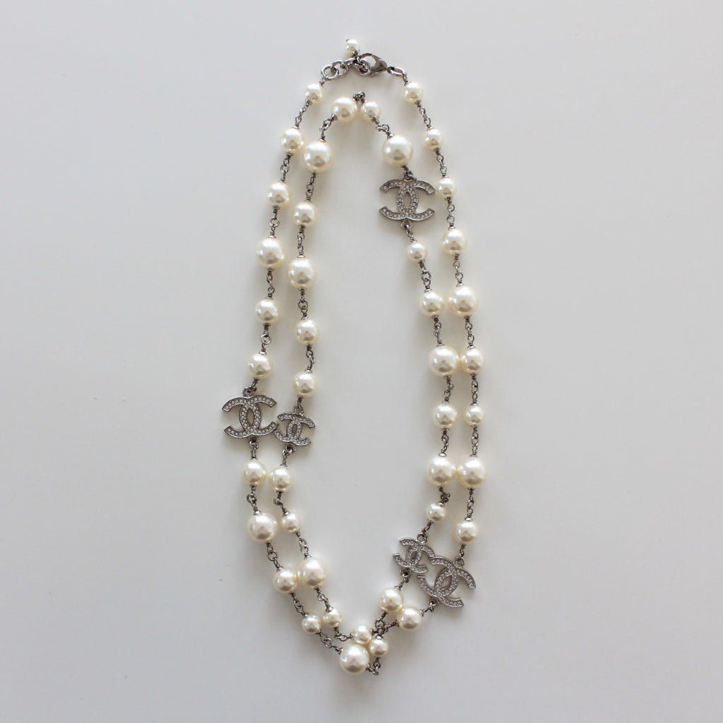 Chanel Faux Pearl CC Crystal Long Necklace