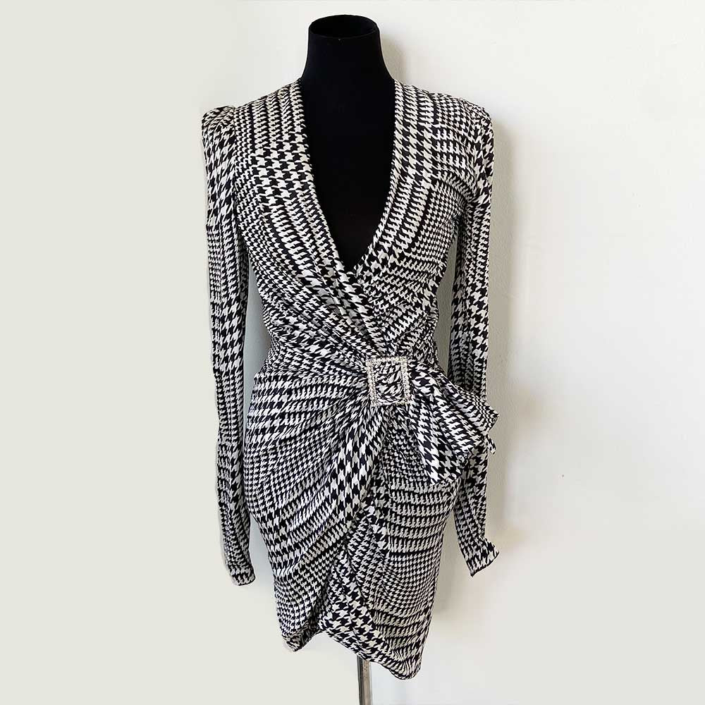 alexandre vauthier houndstooth pleated dress Alexandre Vauthier V-Neck Houndstooth Print Silk Blend Mini Dress - BOPF