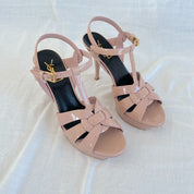 Saint Laurent nude patent leather tribute sandal heels, 38