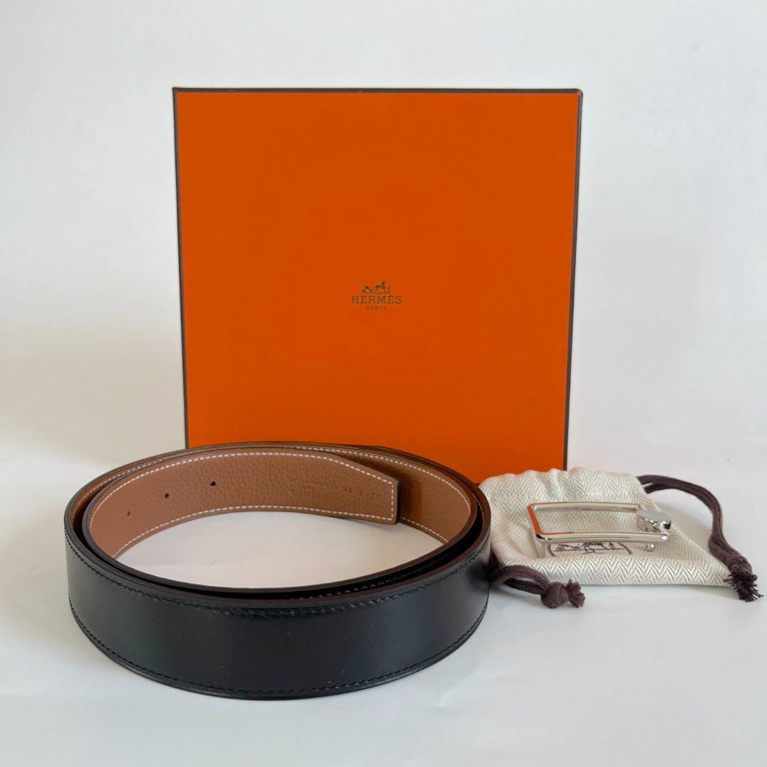 Hermès Gold Togo and Box Leather Oscar Belt Buckle Reversible Belt