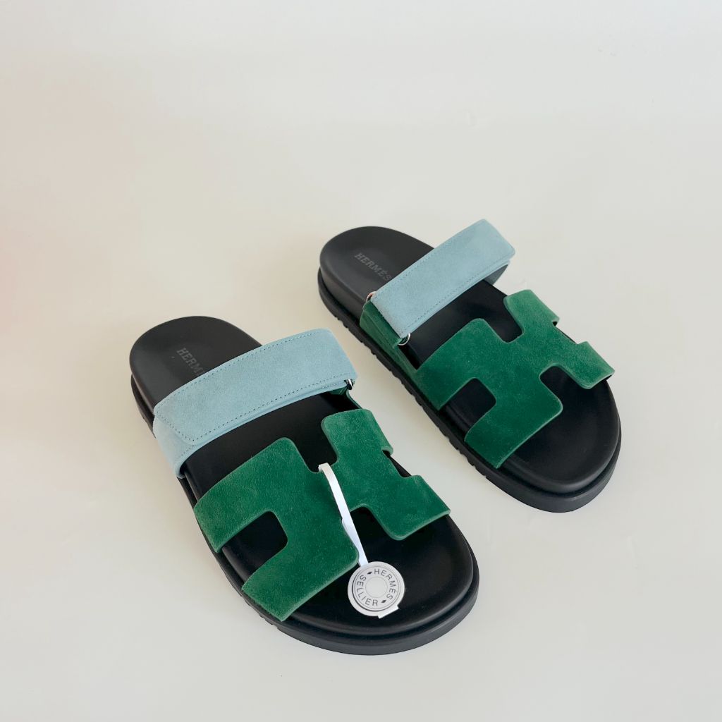 Hermès Suede Blue and Green Chypre Sandals, 37