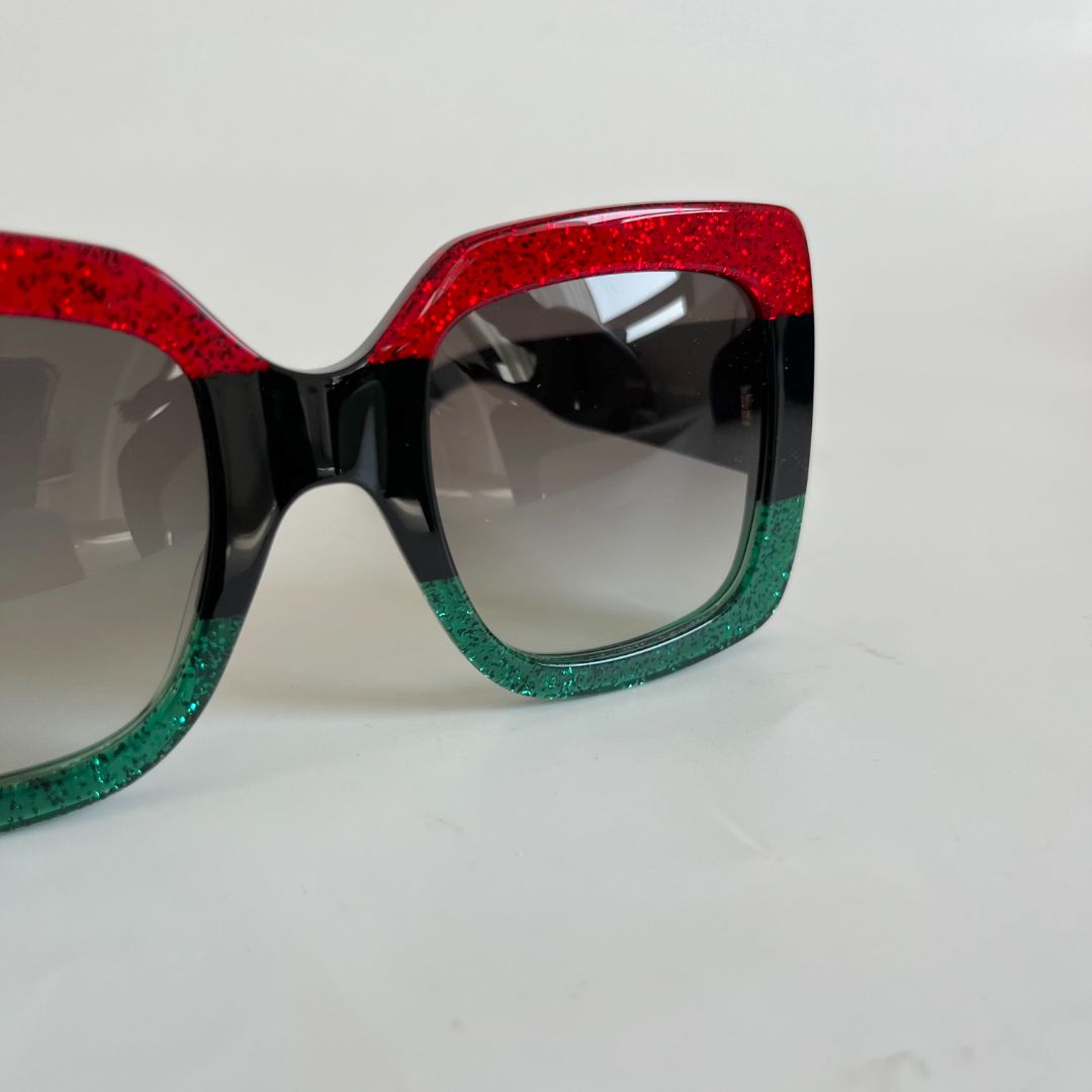 Gucci Red/Green Glitter GG0083S Oversized Square Sunglasses