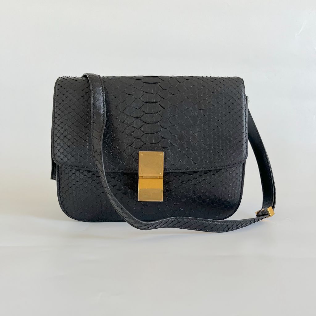 Celine Black/Yellow Python Medium Classic Box Flap Bag - Yoogi's