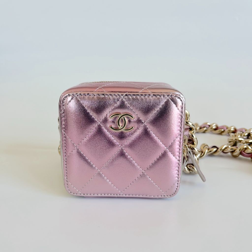 Chanel Silver Lambskin Leather Quilted Cube Wallet Chain Bag - BOPF