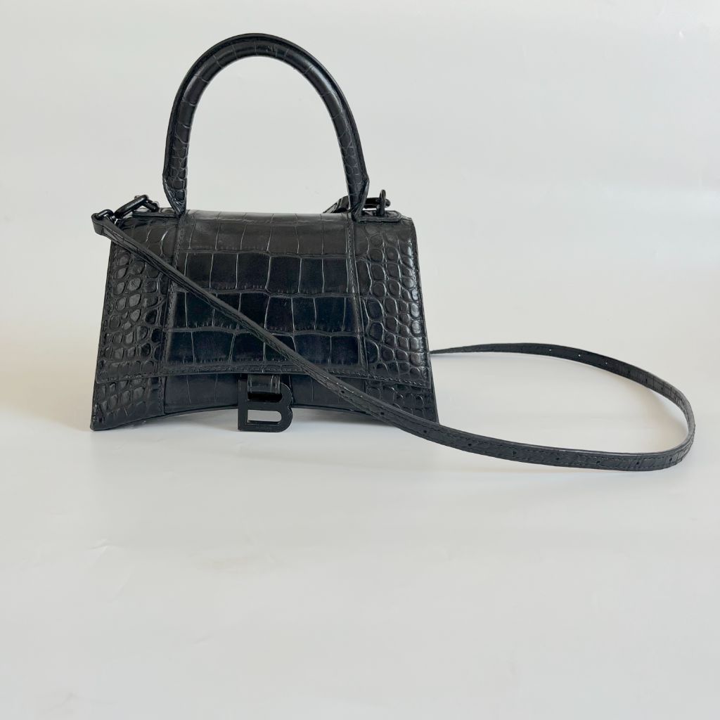 Balenciaga Black Croc Embossed Leather Small Hourglass Shoulder
