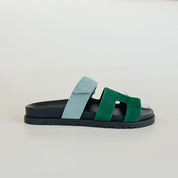 Hermès Suede Blue and Green Chypre Sandals, 37