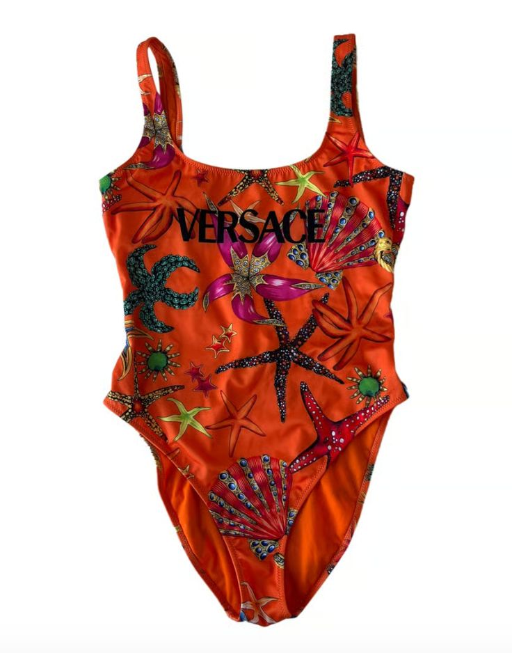 Versace orange printed one piece bathing suit