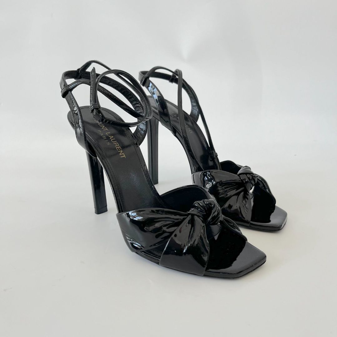 Saint Laurent Black Patent Leather Amy Knot-Detail Ankle Strap Sandals -  BOPF