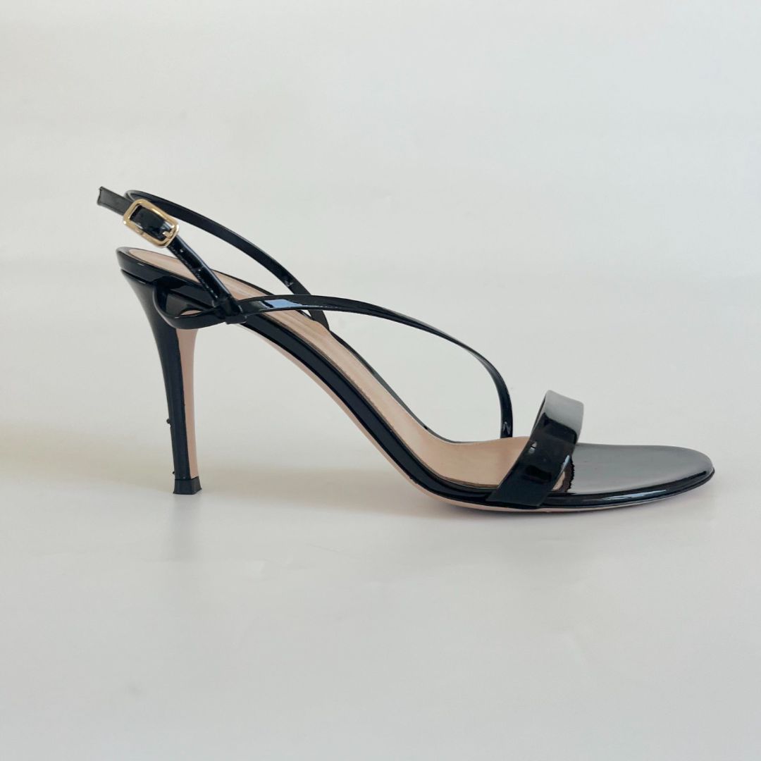 Gianvito Rossi black patent leather strappy sandal heels, 38.5