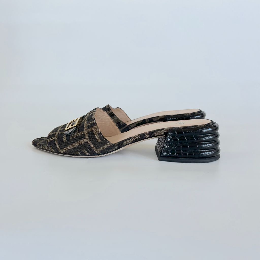 Fendi Brown/Black Zucca Canvas and Leather Block Heel Sandals, 38