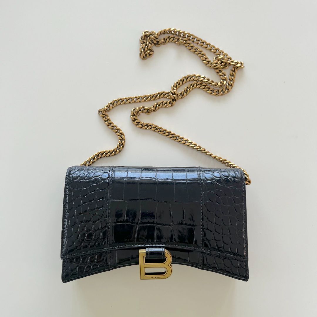 Balenciaga croc embossed hourglass XS top handle bag