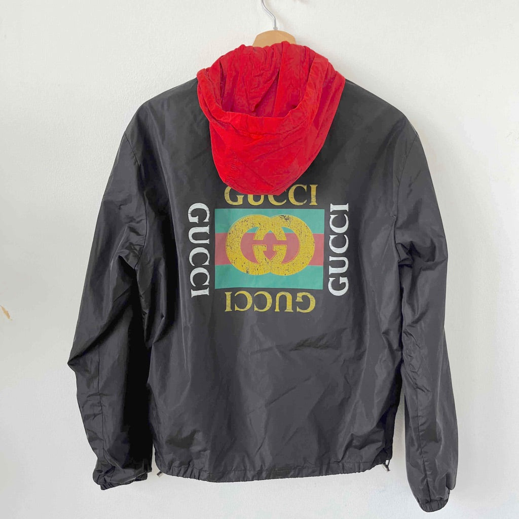 Gucci Black Logo Print Shell Jacket