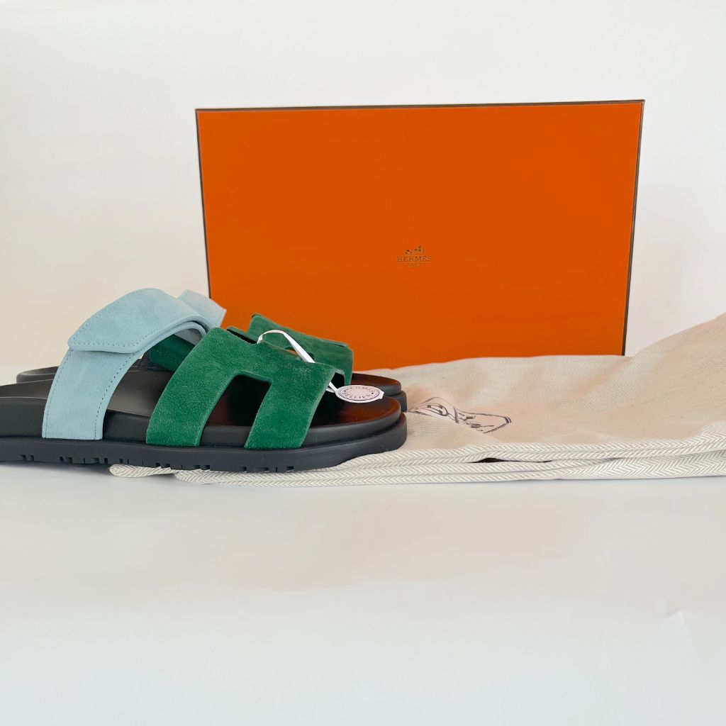 Hermès Suede Blue and Green Chypre Sandals, 37