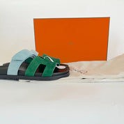 Hermès Suede Blue and Green Chypre Sandals, 37