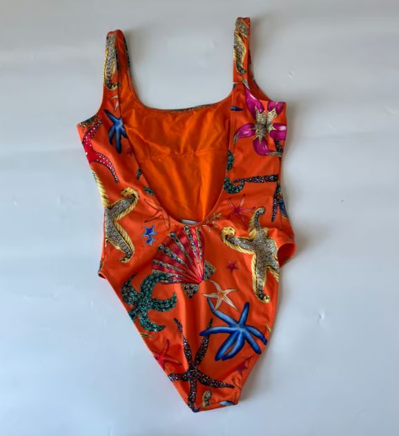 Versace orange printed one piece bathing suit