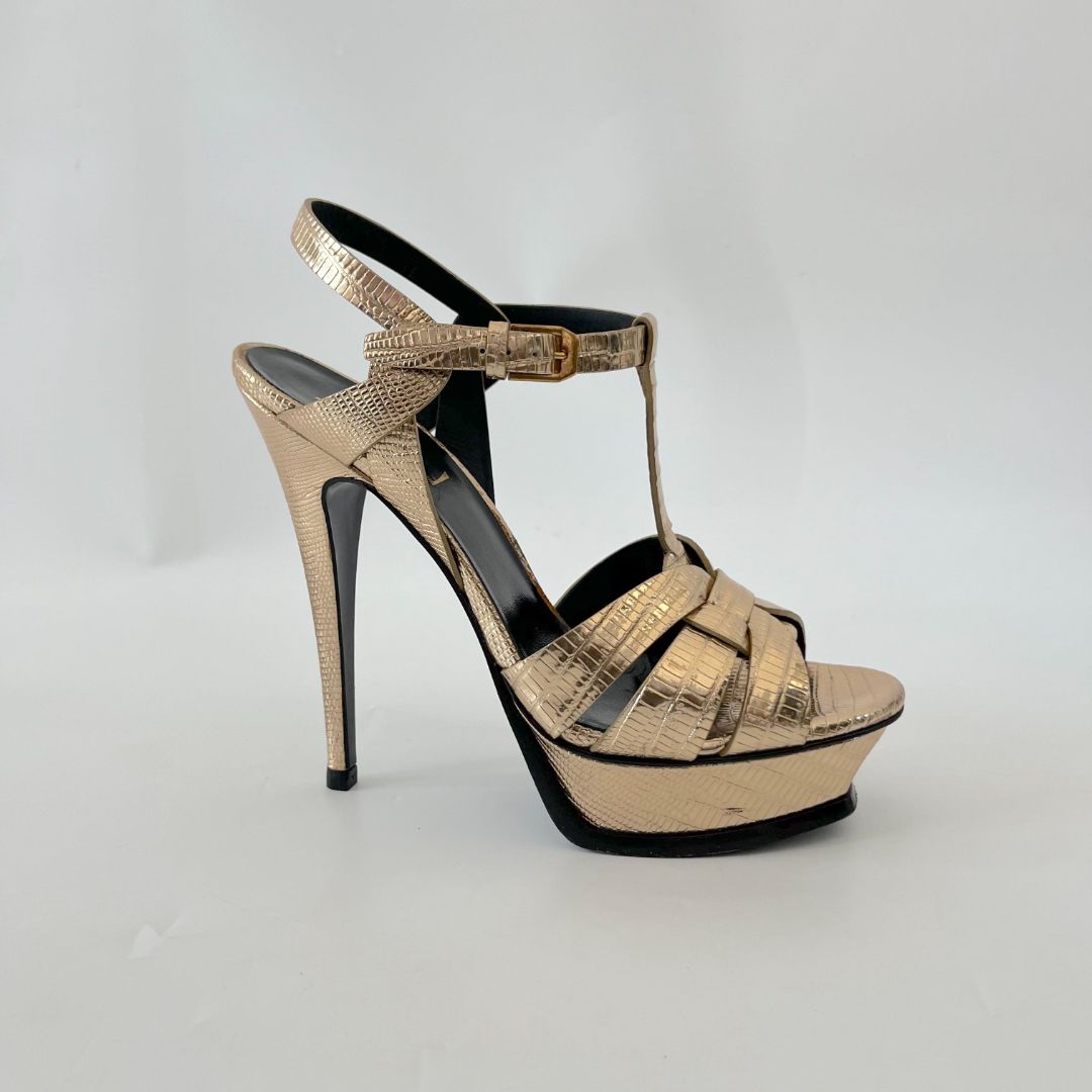Saint Laurent Gold Lizard Embossed Leather Tribute sandals, 38.5
