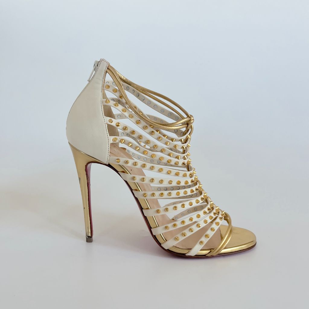 Christian Louboutin White/Gold Spiked Leather Millaclou Cage Sandals, 37