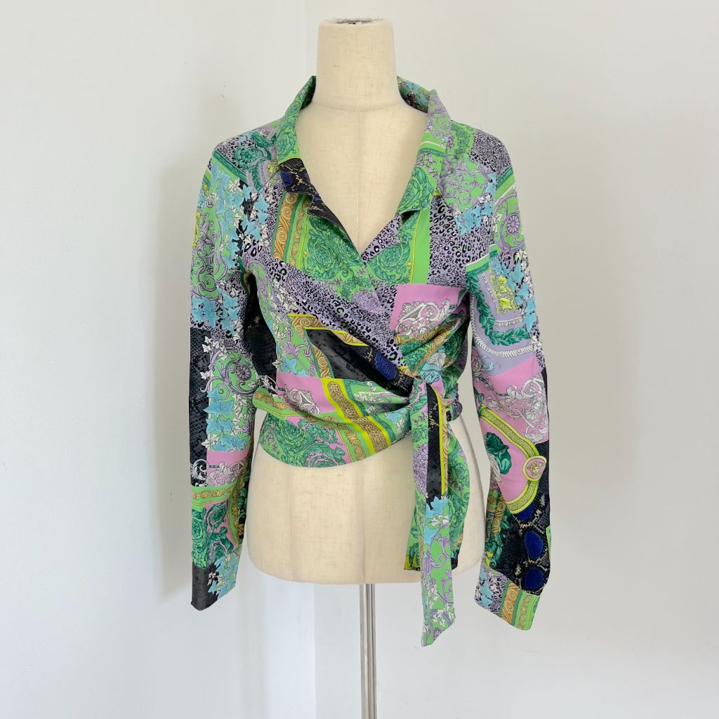 Versace Green/multicolor printed crop wrap blouse