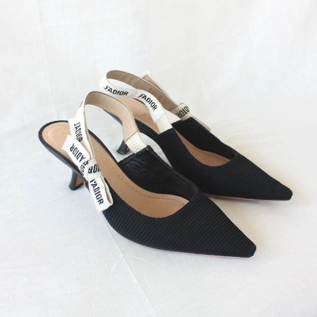 Dior J’adior black technical fabric pointed toe slingback pumps, 36.5