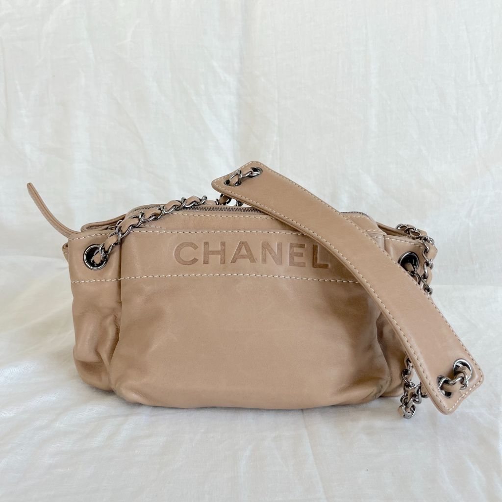 Authentic Chanel Accordion Small Shoulder Bag I Black & Beige
