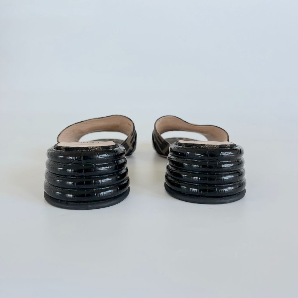 Fendi Brown/Black Zucca Canvas and Leather Block Heel Sandals, 38