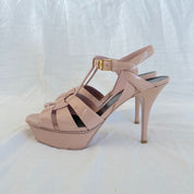 Saint Laurent nude patent leather tribute sandal heels, 38
