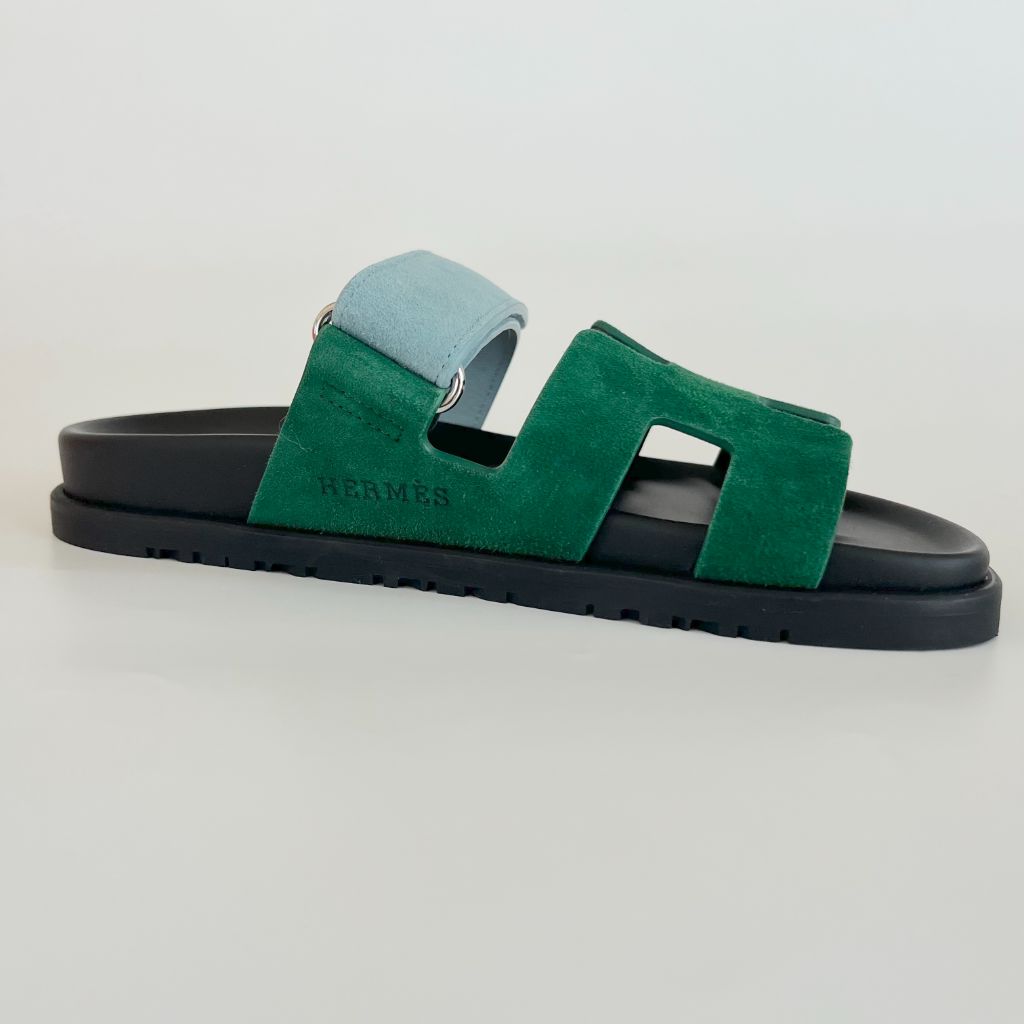 Hermès Suede Blue and Green Chypre Sandals, 37