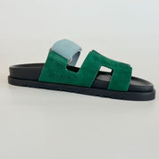 Hermès Suede Blue and Green Chypre Sandals, 37