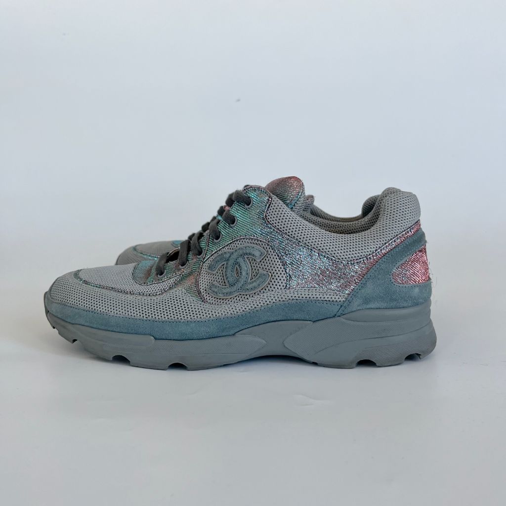 Chanel low top blue/glittery lace up sneakers, 40.5