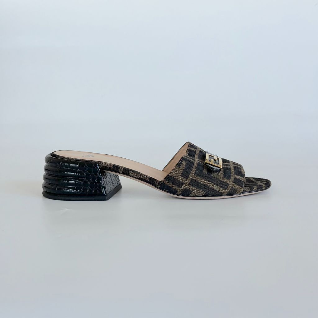 Fendi Brown/Black Zucca Canvas and Leather Block Heel Sandals, 38