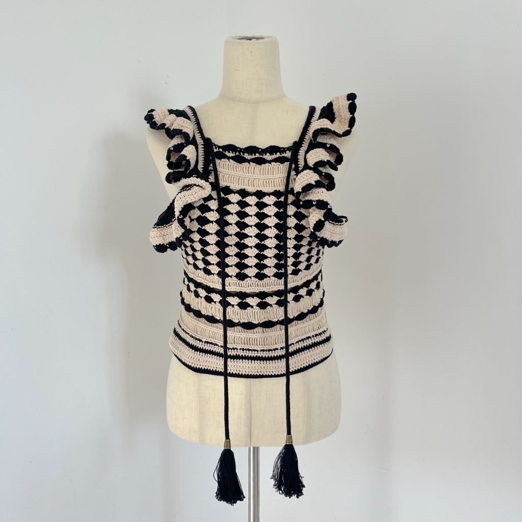 Zimmermann beige and black knitted crochet sleeveless top