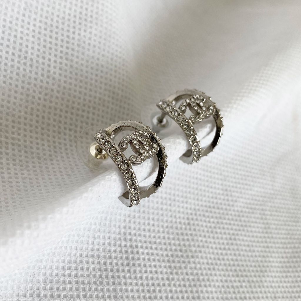 Chanel Curved Half Hoop Earrings with Crystals