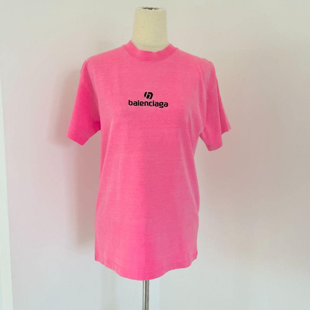 Balenciaga pink t shirt with black embroidered logo on front