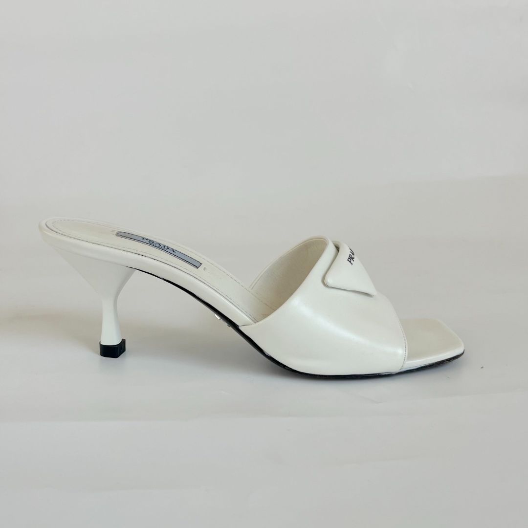 Prada White Leather Square Toe Kitten Mules, 37.5 - BOPF