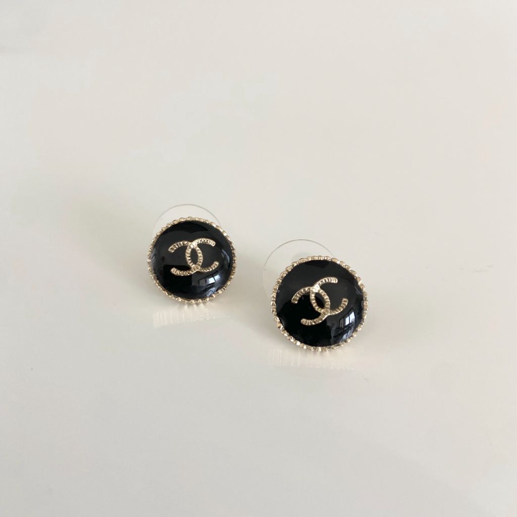 Chanel Black Round Black Crystal Silver CC Drop Earrings