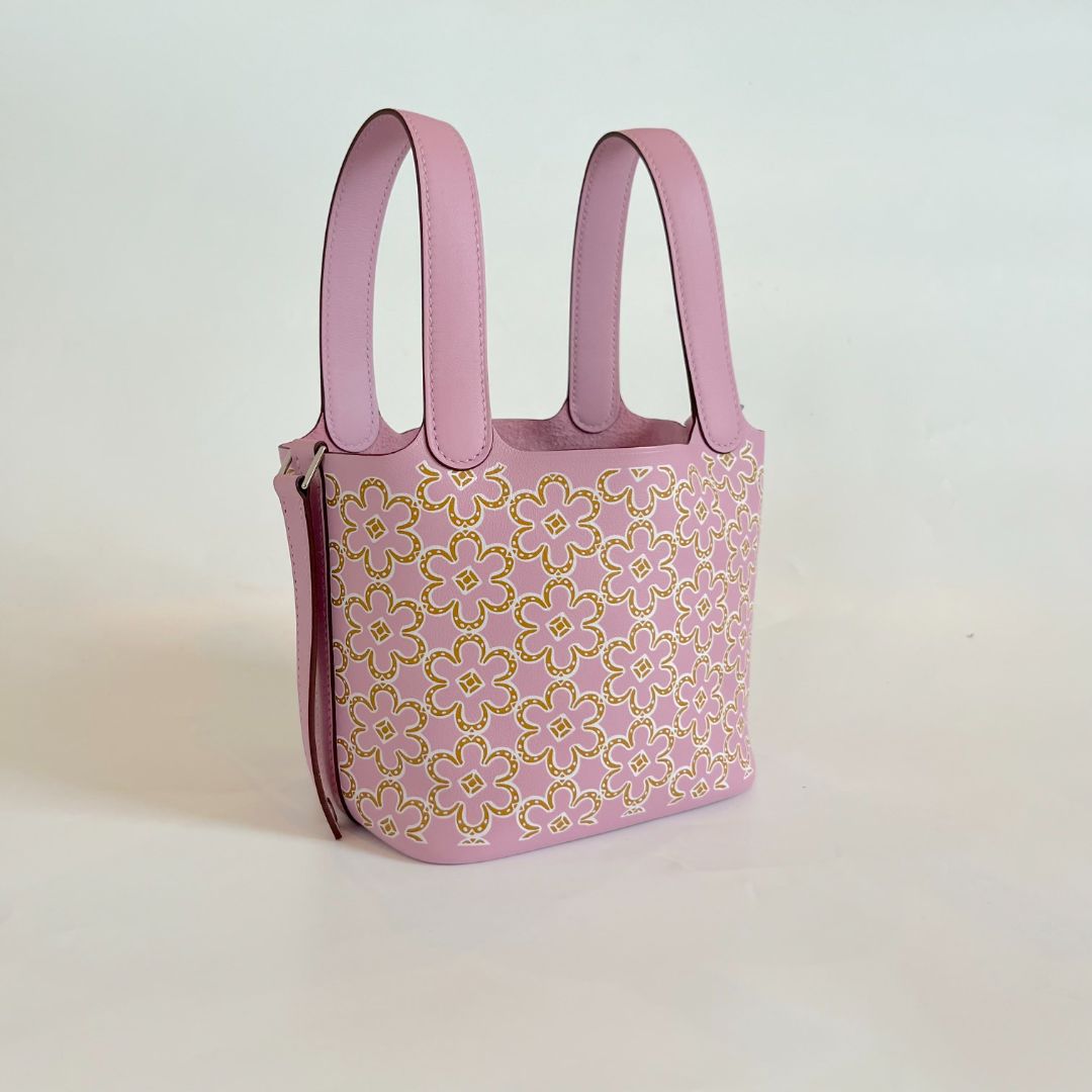 Hermès Micro Lucky Daisy Picotin 14 Swift Mauve Sylvestre / Cuivre / White